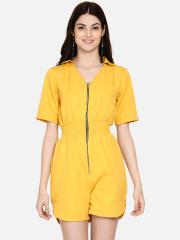 Samshek Women Yellow Solid Sporty Zipped Jumpsuits