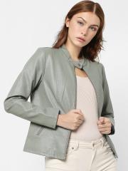 ONLY Women Green Solid Leather Jacket