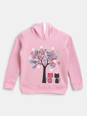 YK Girls Pink Printed Hooded Sweatshirt