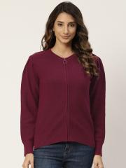 Madame Women Maroon Solid Cardigan