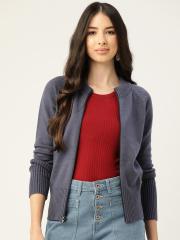 Madame Women Navy Blue Solid Cardigan