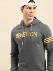 United Colors of Benetton Men Grey Printed Hooded Sweatshirt