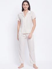 Clovia Women White Striped Night suit