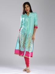 W Women Blue Printed Straight Kurta