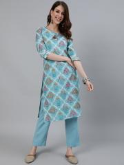 Ishin Women Blue Printed Pure Cotton Kurti with Trousers