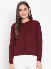 Madame Women Maroon Solid Wool Cardigan