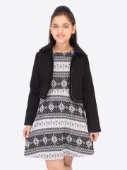 CUTECUMBER Girls Black & White Acrylic Sweater Dress with Crop Jacket