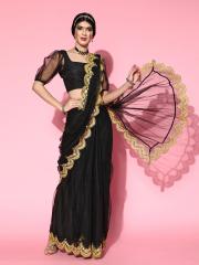 Inddus Women Black Embroidered Net Saree with Blouse Piece