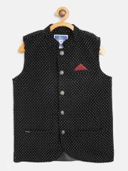 612 league Boys Black & White Printed Velvet Winter Nehru Jacket