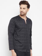 even Men Black Checked Short Kurta