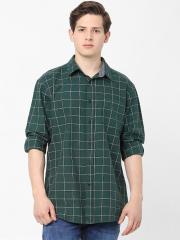 Celio Men Green & White Slim Fit Checked Cotton Casual Shirt