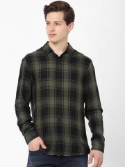 Celio Men Green & Black Slim Fit Checked Cotton Casual Shirt