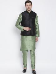 VASTRAMAY Men Green Solid Straight Kurta with Churidar & Nehru Jacket