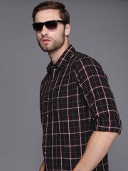 WROGN Men Black And Red Slim Fit Tartan Checked Pure Cotton Casual Shirt