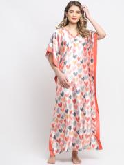 Claura Women Cream Printed Kaftan Nightdress