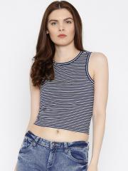 Flying Machine Navy Blue Striped Crop Top