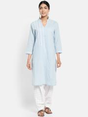 Fabindia Women Blue Embroidered Straight Kurta