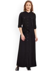 Kazo Women Black Solid Maxi Shirt Dress