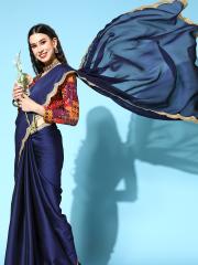 Inddus Women Blue Embellished Saree with Blouse Piece