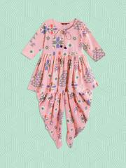 Sangria Girls Pink & Blue Ethnic Motifs Printed Aanarkali Kurta with Patiala Salwar