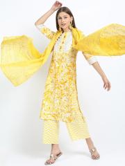 Vishudh Women Mustard Yellow Printed Kurta with Trousers & With Dupatta