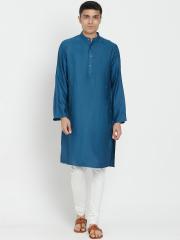 Fabindia Men Teal Blue Embroidered Kurta