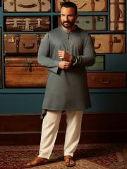 House of Pataudi Men Grey Solid Straight Kurta