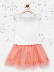 Peppermint Girls White & Peach-Coloured Skirt With Top