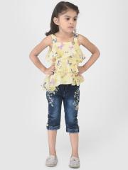 YK Girls Yellow & Blue Printed Top with Capris