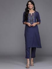 Biba Women Navy Blue Printed Kurta with Trousers