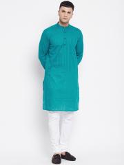 even Men Green Striped Dobby Kurta