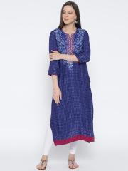 Biba Women Blue Printed Straight Kurta