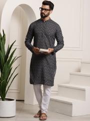 SOJANYA Men Black Printed Cotton Kurta with Churidar