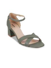 Mochi Women Green Block Sandals with Buckles