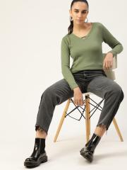 DressBerry Women Olive Green Solid Pullover