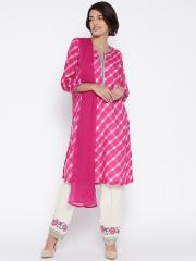 Biba Magenta & Off-White Checked Salwar Suit with Dupatta