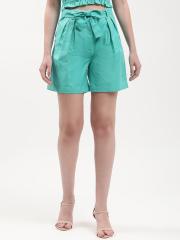 ELLE Women Green Solid Linen Shorts