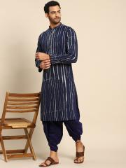 KISAH Men Navy Blue Striped Kurta with Dhoti Pants