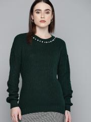 Chemistry Women Green Solid Jewelled Pullover Sweater