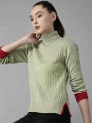 Roadster Women Green Solid Pullover Sweater