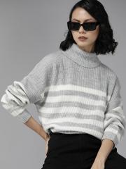 The Roadster Lifestyle Co. Women Grey & White Striped Sweater