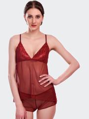 Fleurt Women Maroon Baby Doll Night Wear