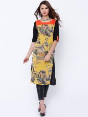 Vishudh Black & Mustard Yellow Printed Kurta