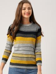 DressBerry Women Grey & Mustard Striped Pullover