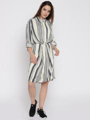 Vero Moda Women White & Navy Striped Shirt Dress