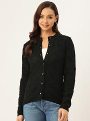 Madame Women Black Self Design Cardigan