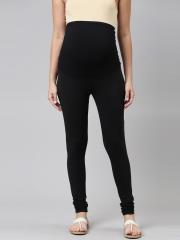 Go Colors Women Black Solid Cotton Churidar-Length Slim Fit Leggings