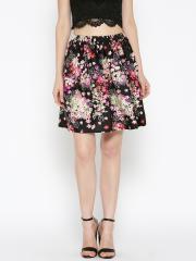 Sera Black & Off-White Floral Print Flared Skirt