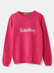 United Colors of Benetton Girls Pink & White Typography Sweater