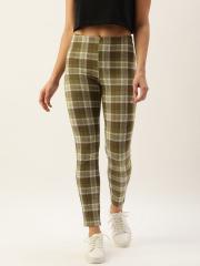 FOREVER 21 Women Olive Green Checked Ankle Length Leggings